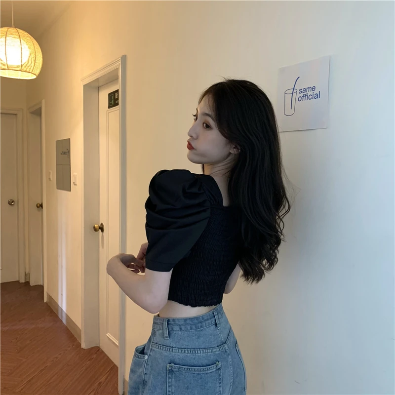 

Top Women's Korean Style Sense of Design Niche V-neck Puff Sleeve Small Shirt Slimming High Waist Short Pullover Shirt/T-shirt