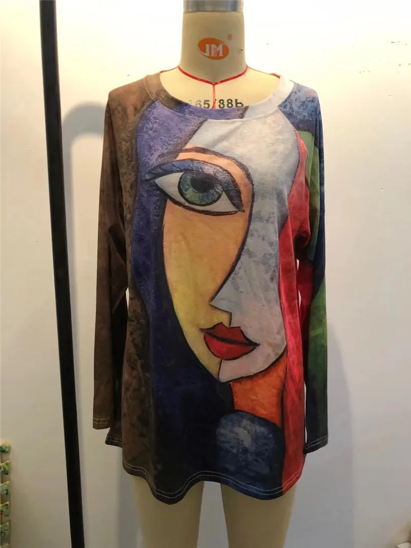 

2021 Autumn Abstract Portrait Print T-shirt Women Casual O-Neck Long Sleeve Med-Long Pullover Tops Fashion Street Oversized Tees