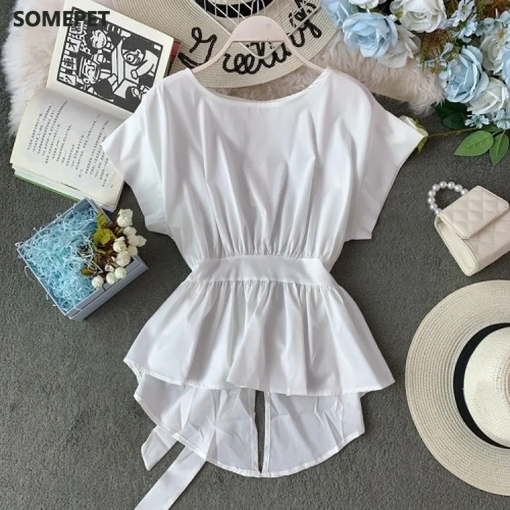 

Ruffles Chiffon Women Blouse Spring Solid O Neck Short Sleeve Shirts Fashion Pleated Lace Up Female Tops