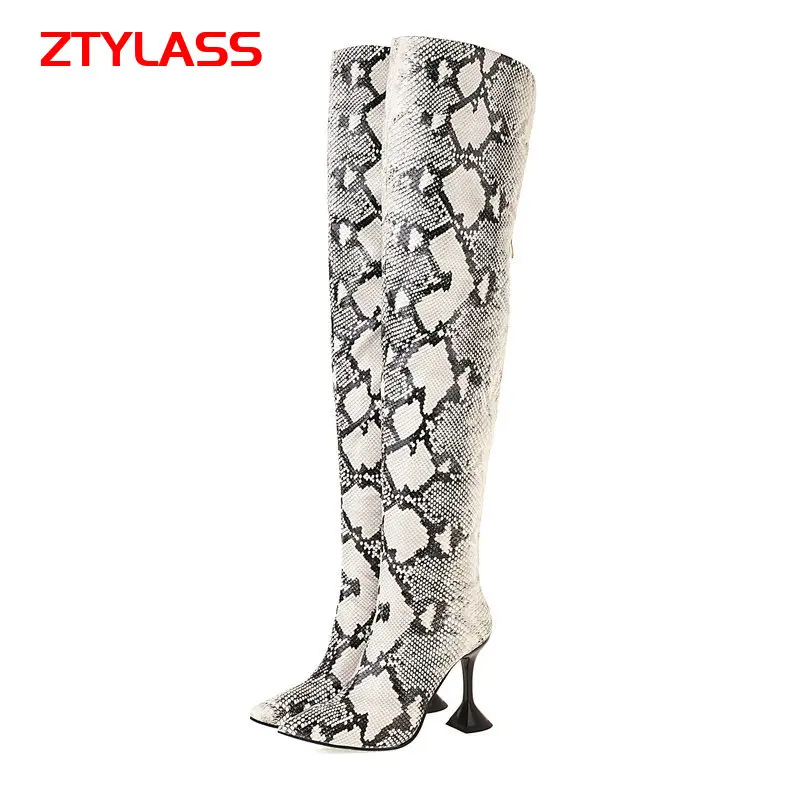 

2021 Sexy stiletto Strange Style Women Boots Autumn Winter Snake Print Zipper Thigh Boots Fashion Pointed Toe Shoes Woman