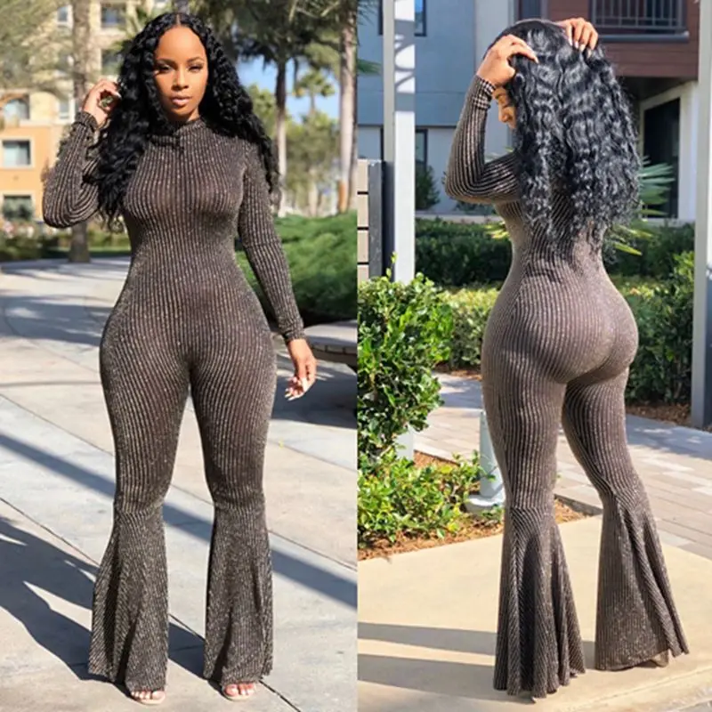

Plus Size Fall Clothes Stripe Long Sleeve Flared Jumpsuit Women Sexy Bodysuit One Piece Outfits Nightclub Overalls Wholesale
