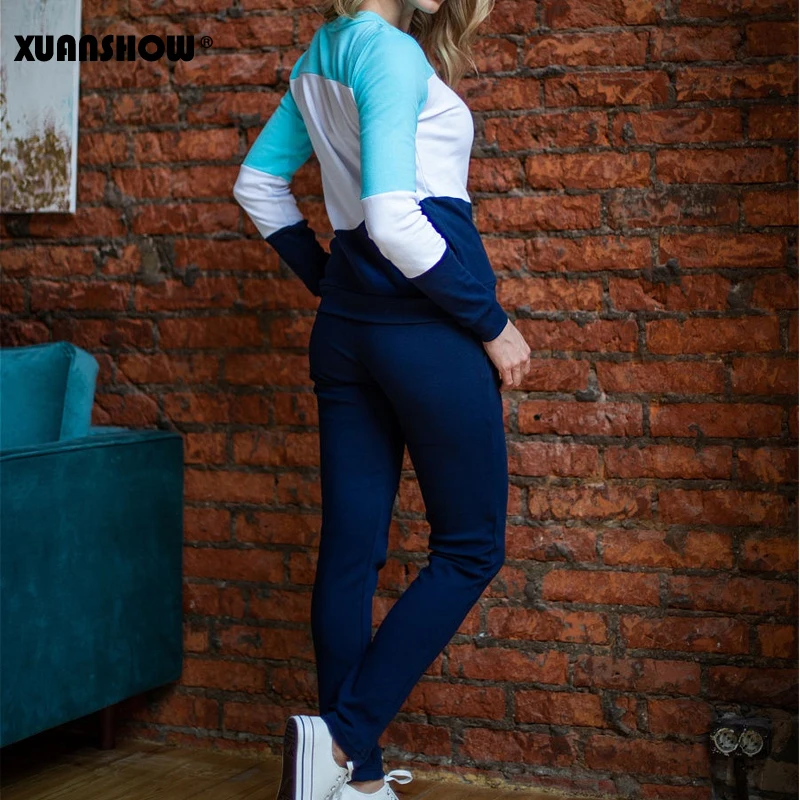 XUANSHOW спортивный костюм женский Новое поступление Осень зима сращивание Длинный рукав Толстовка и длинные брюки Набор из двух частей