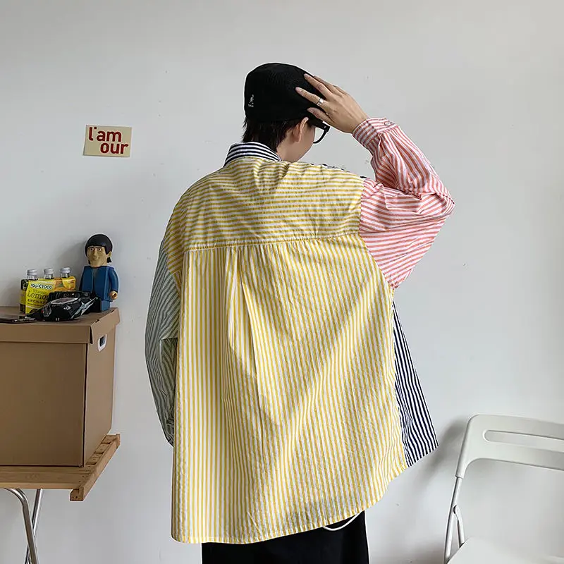 

Long Sleeve Shirt Mens Wild Dress Shirt Striped Shirt Men's Fashion Contrast Color Business Casual Shirt Men Streetwear Loose