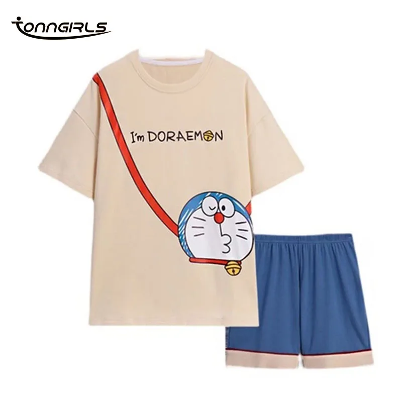 

Tonngirls Cartoon Doraemon Pyjama Set Short Sleeve Sleepwear Cotton Summer Pyjamas Women Pajamas Plus Size Pijamas Homewear 2021