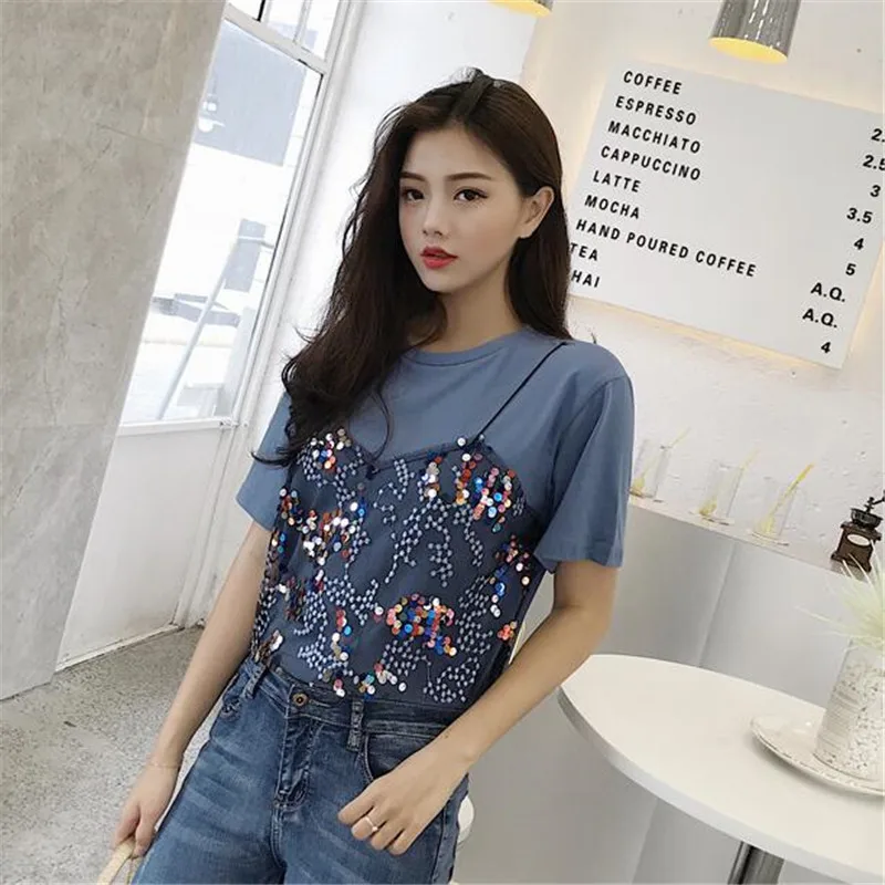 

2020 Summer Short Sleeve O-Neck Women Tops Fake Two Pieces Fashion Patchwork Sequined T shirt Casual Loose T-shirts