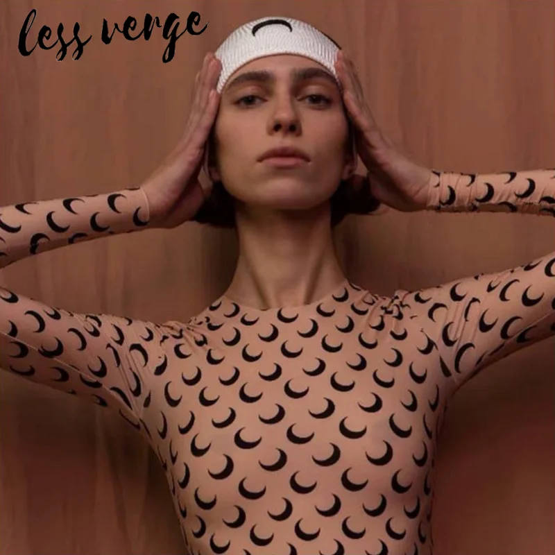 Lessverge полумесяц печати Повседневная Женская футболка уличная одежда с длинным