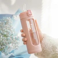 double portable glass cute water bottle kawaii cup tumbler with straw gifts for girls milk coffee juice vaso con tapa y pajita