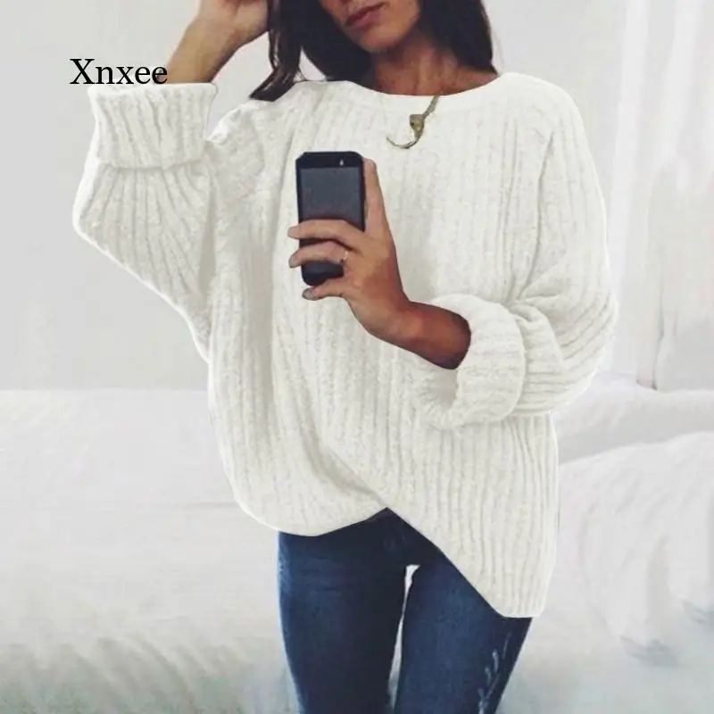 

Winter Ladies Casual Loose Solid Knit Pullover Fashion Streetwear Pullover Flare Sleeve O-Neck Knitted Sweater