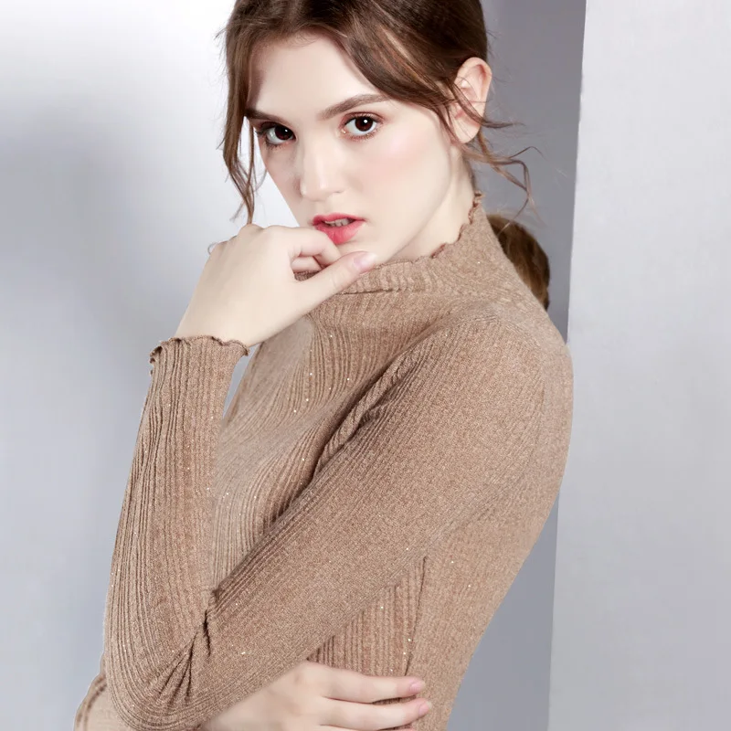 Khaki no fleece Модный свитер с оборками на осень и зиму, новинка, Женский обтягивающий тонкий пуловер с длинным рукавом и ворсом, вязаный джемпер, топы M99905 - Цвет: Khaki no fleece
