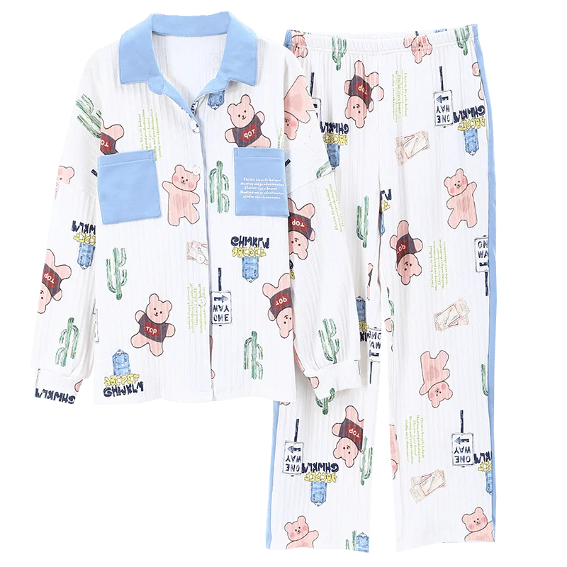 Весенняя Пижама Nan Ji Ren Женский хлопковый повседневный костюм с длинным рукавом в