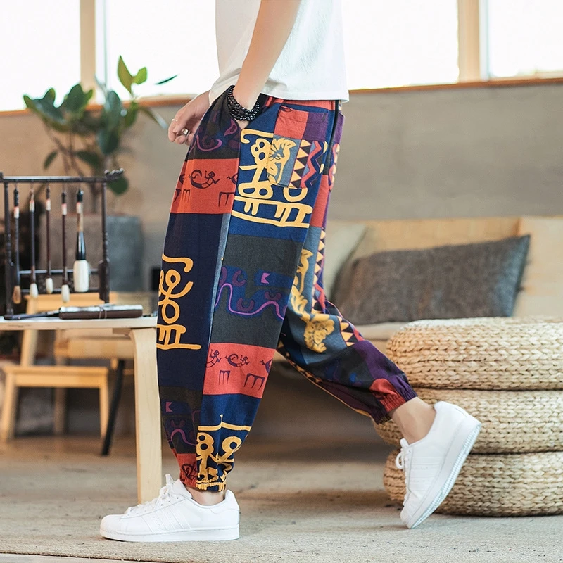 

YOSIBCD Women 2021 Fashion Patchwork Print Side Pockets Pants Vintage High Elastic Waist Drawstring Female Ankle Trousers Mujer