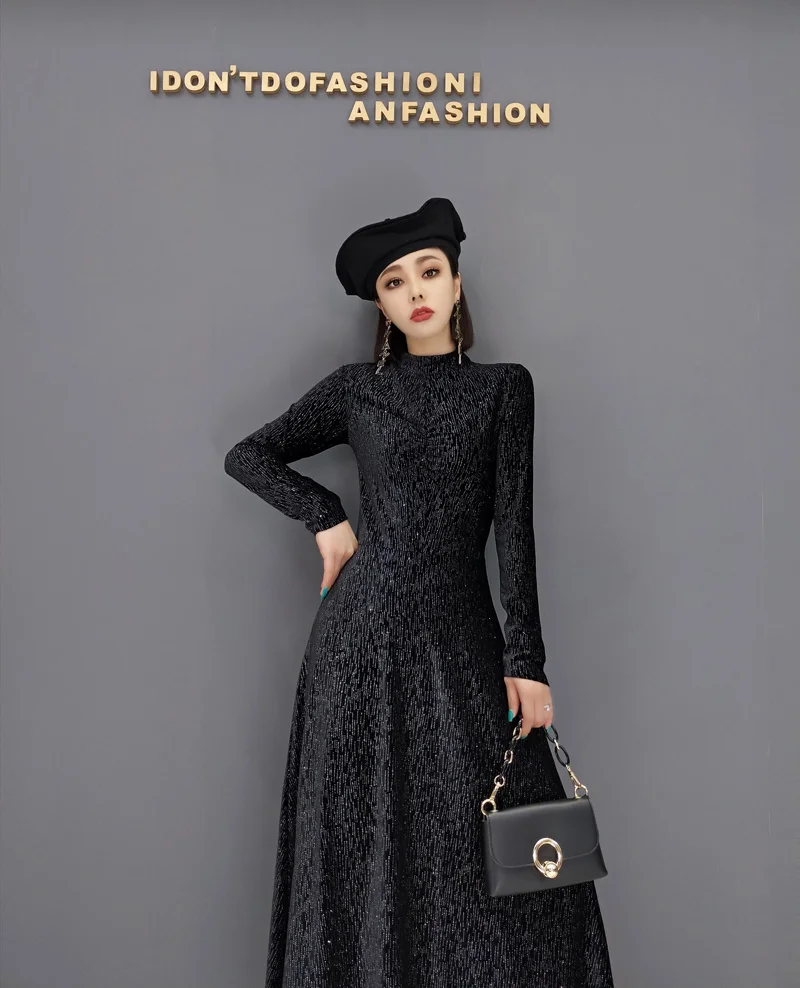 

QING MO Autumn Fashion Temperament Long Dress Women Casual Slimming 2021 New Trend Solid Color High Waist Dress Black ZWL521