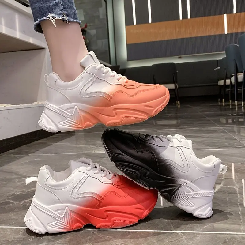 

Thick Sole Female Platform Running Shoes Dual Color PU Women's Sneakers Height Increase Ladies Chunky Shoes Stylish Fashion Shoe
