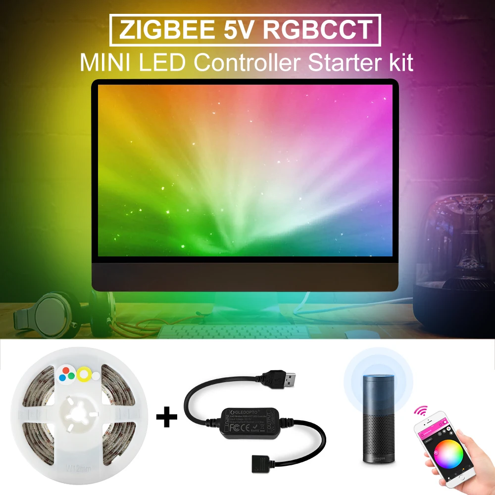 Светодиодная лента ZigBee RGBCCT для смарт-ТВ, миниатюрный светильник с голосовым управлением, питание от Usb, с поддержкой Alexa Echo Plus, 5 В
