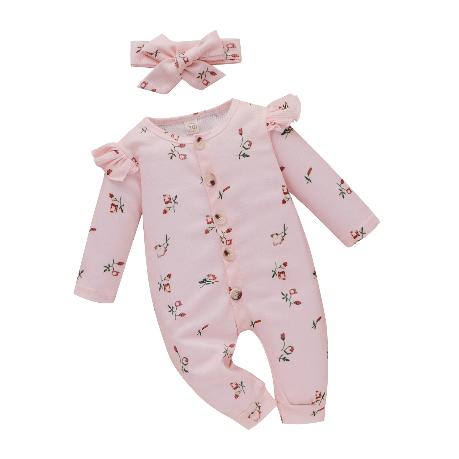 

Детский комбинезон с повязкой на голову, Детский комбинезон с цветочным принтом, круглым вырезом и длинным рукавом + повязка на голову для в...