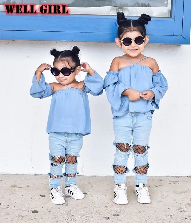 Весенняя одежда для маленьких девочек синего цвета детей джинсовая рубашка +
