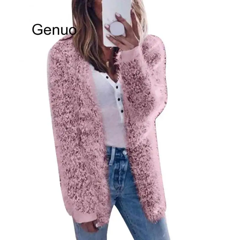 

Autumn Winter Women Solid Color Fluffy Long Sleeve Knit Coat Open Front Cardigan Coat Casual Sweaters Women Loose Cardigan Hot
