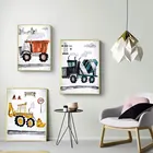 Детский постер с строительными транспортными средствами, акварельный автомобиль, Картина на холсте для игровой комнаты, Художественная печать, Настенная картина в скандинавском стиле для декора детской комнаты
