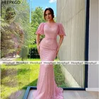 Длинные вечерние платья-русалки, украшенные бисером, розового цвета, на заказ, с коротким рукавом и открытой спиной