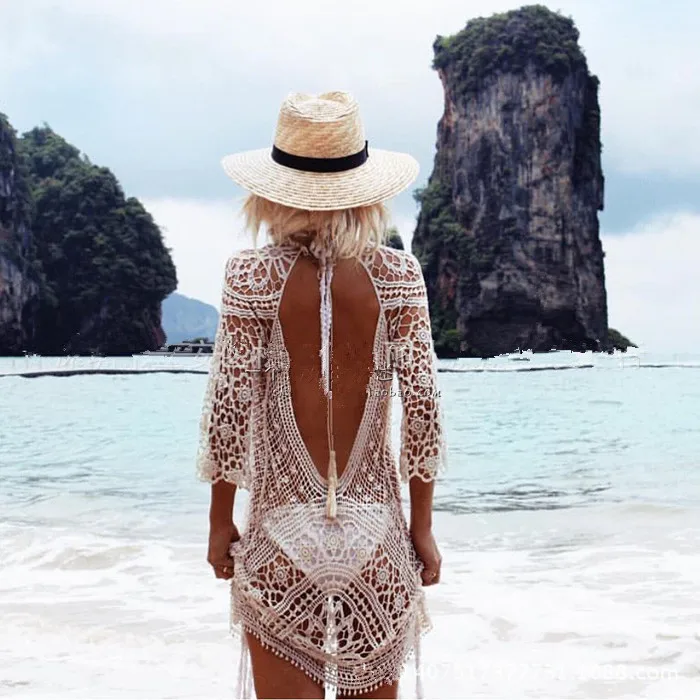 

Beach vacation sunscreen sexy hollow lace crocheted back dress bikini blouse