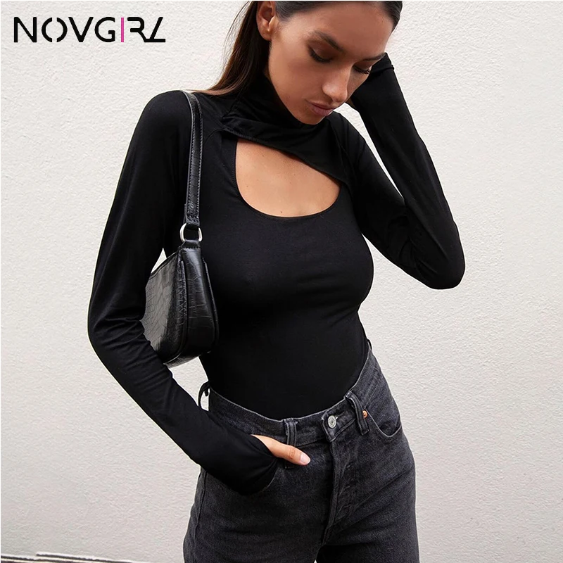 Novgirl/облегающий женский комбинезон с длинным рукавом и высоким воротником, осень, эластичный черный комбинезон, праздничные вечерние комбинезоны
