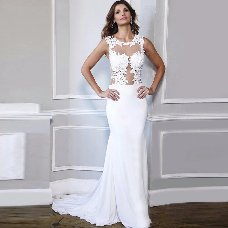 

Elegant Lace Mermaid Wedding Dress 2019 Cheap Spandex Bride Gowns White Ivory Brial Dress Back Illusion свадебные платья
