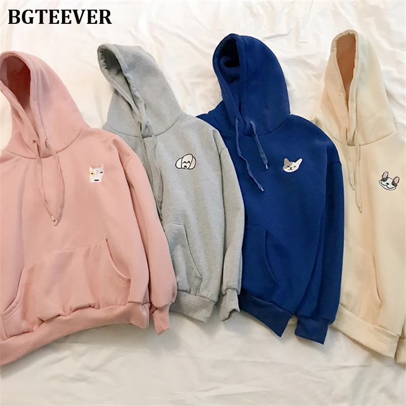 Женская толстовка с вышитой собачкой BGTEEVER повседневные пуловеры карманами и