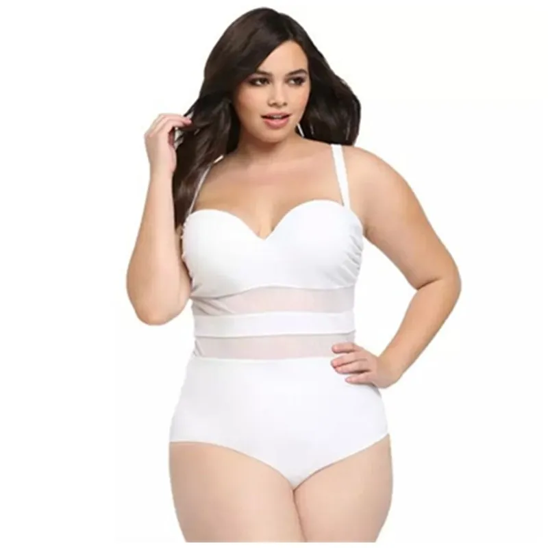 Женский сплошной купальник большие размеры черный белый сетчатый сшитый |