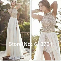 2018 new arrival sexy white chiffon beaded appliques lace prom dresses long halter side slit spring evening party gown