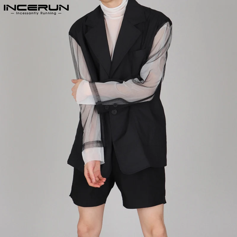 

INCERUN Tops 2021 Korean Style Men Blazer Solid Party Nightclub Sense Stitching Breathable Mesh Stylish Long-sleeved Suits S-5XL