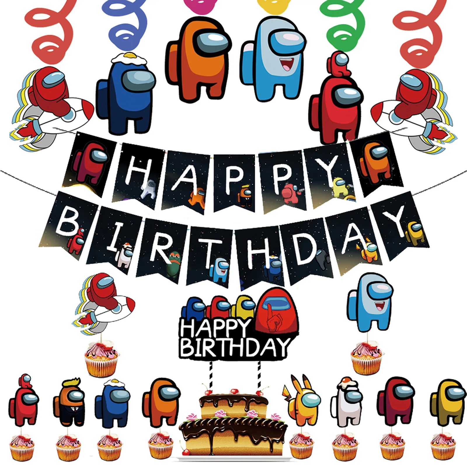 

Space Werewolf Killing Birthday Flag Cake Strip Ornament Set for Among Us Game Party Theme Decoration Happy Birthday