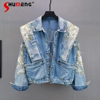 2021 spring autumn ins embroidery rhinestone denim coat new loose slimming jeans jacket women long sleeves fashion top