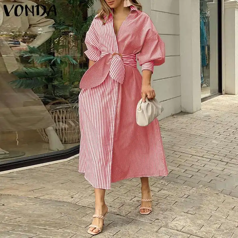 

Holiday Women Striped Dress 2021 VONDA Vintage 3/4 Sleeve Lapel Neck Belted Shirt Dress Party Striped Long Vestidos Oversized