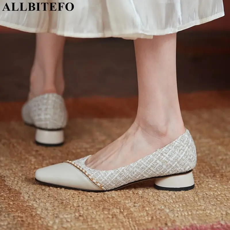 

ALLBITEFO/Размеры, больших размеров: 34-41, натуральная кожа + ткань на низком каблуке удобные вечерние женские туфли с толстым каблуком Женская об...
