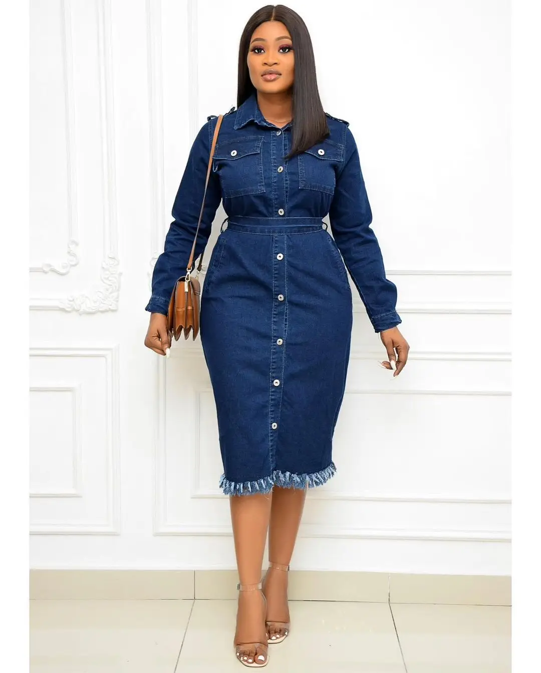 

2021 Summer Women Plus Size Denim Dress New Arrivals Turn-down Collar Single-Breasted Bodycon Elegant Mid-Calf Dresses
