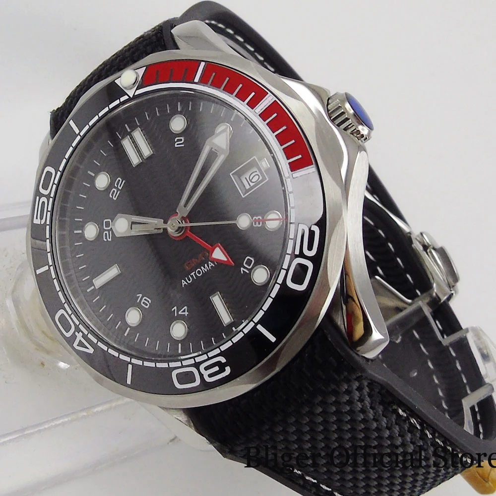 BLIGER черные Автоматические Мужские часы GMT ручной сапфировое стекло вращающаяся