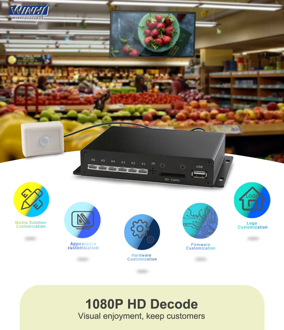 MPC1005-3 датчик движения функция RS232 управление CE/FCC/ROHS Сертифицированный full hd медиаплеер коробка