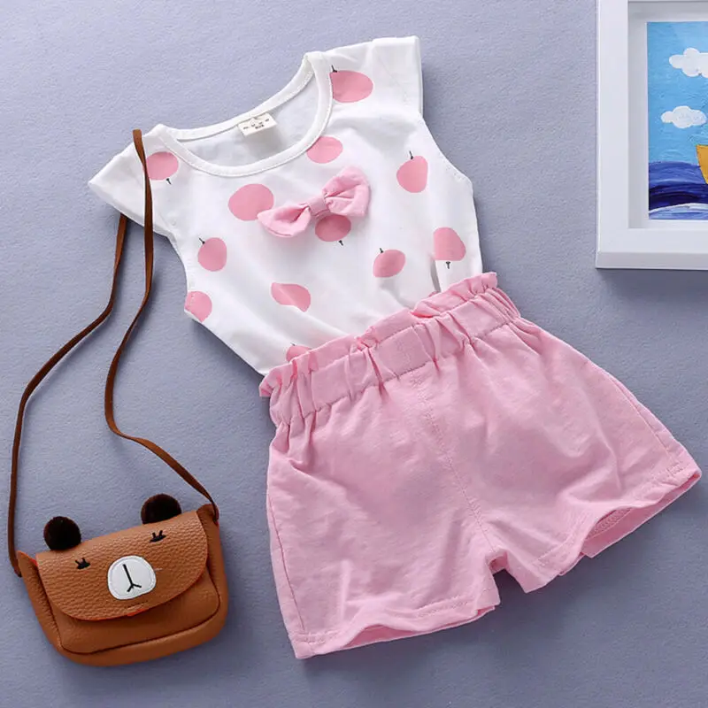 

2 Pieces Enfants Baby Vetements Filles Summer Cotton T-shirt + Pantalon Court Tenues Bowknot