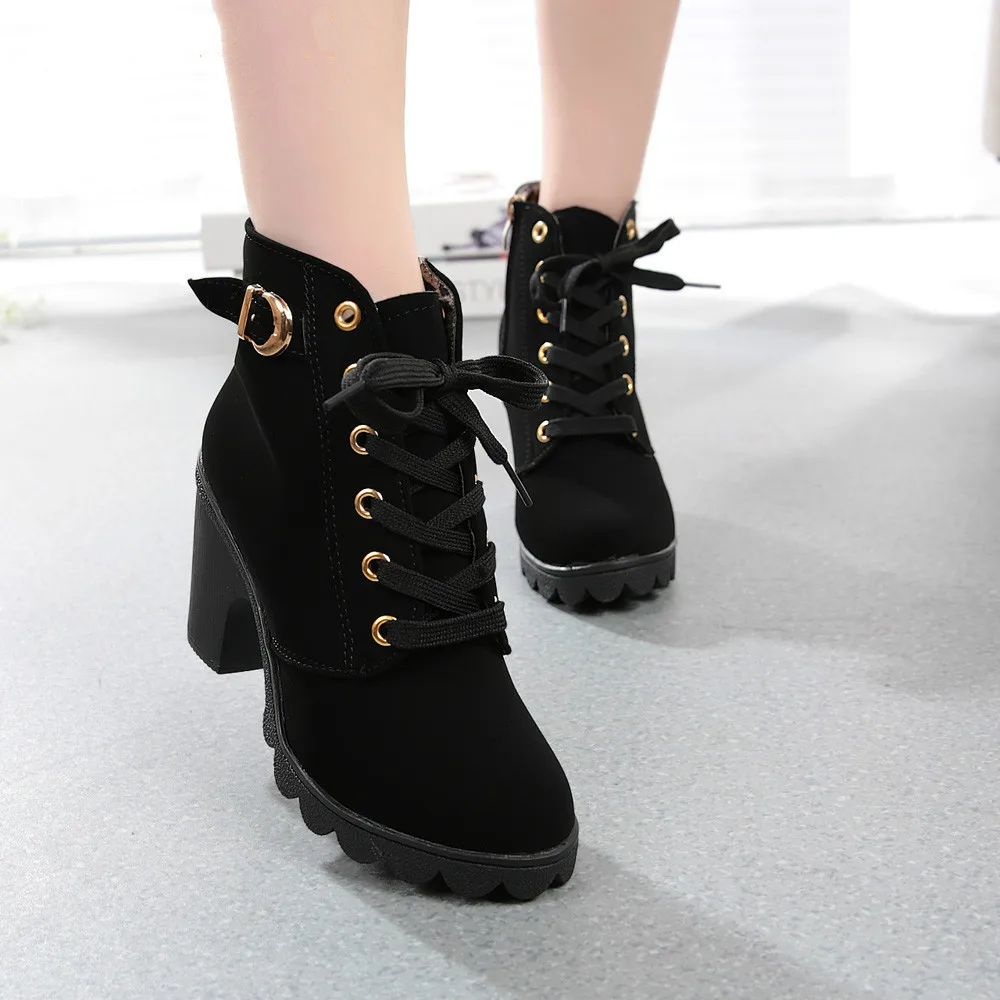 

New Autumn Winter Women Boots High Quality Solid Lace-up European Ladies Shoes PU Fashion High Heels Boots 35-43
