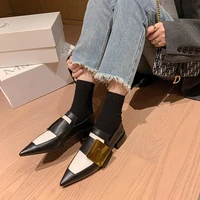 british style gothic punk pumps shoes women genuine leather patchwork pointed toe metal buckle decoration low heel oxfords black