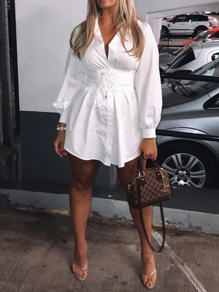JillPeri Autumn Long Sleeve Shirt Dress with Corset Belt Solid Sexy Elegant Outfit Office Lady Street Wear Party Dress Set