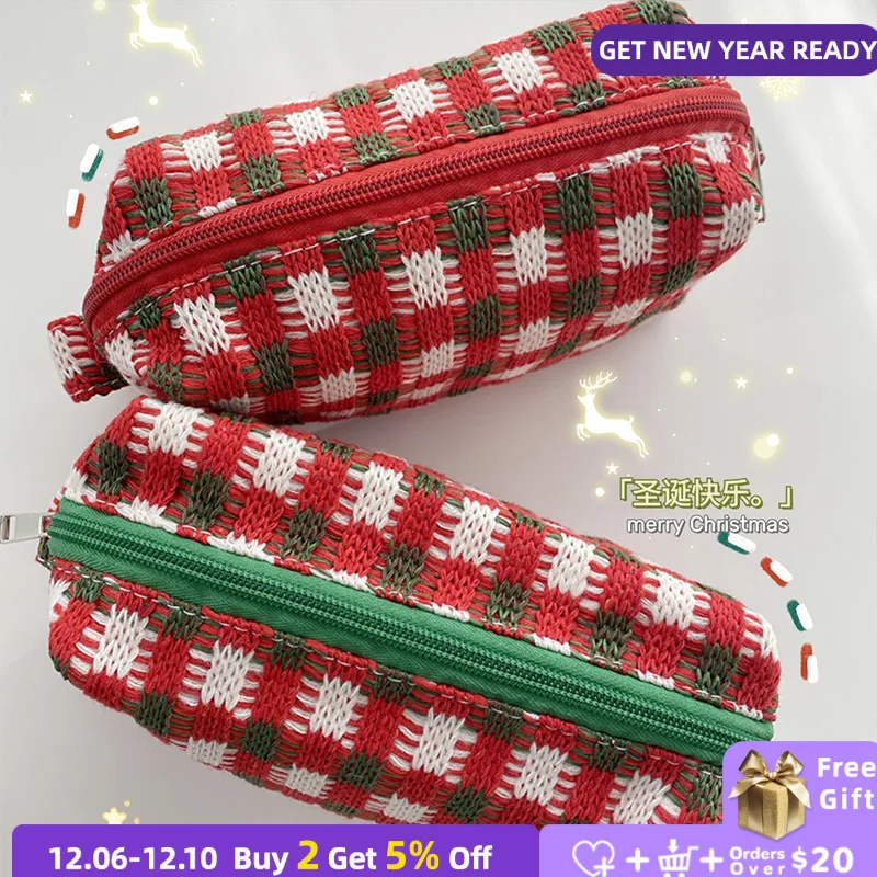 

Christmas Plaid Knitted Cosmetic Bag for Women Portable Storage Bags Large Capacity Pencil Case Wallet Clutch Purse Handbags