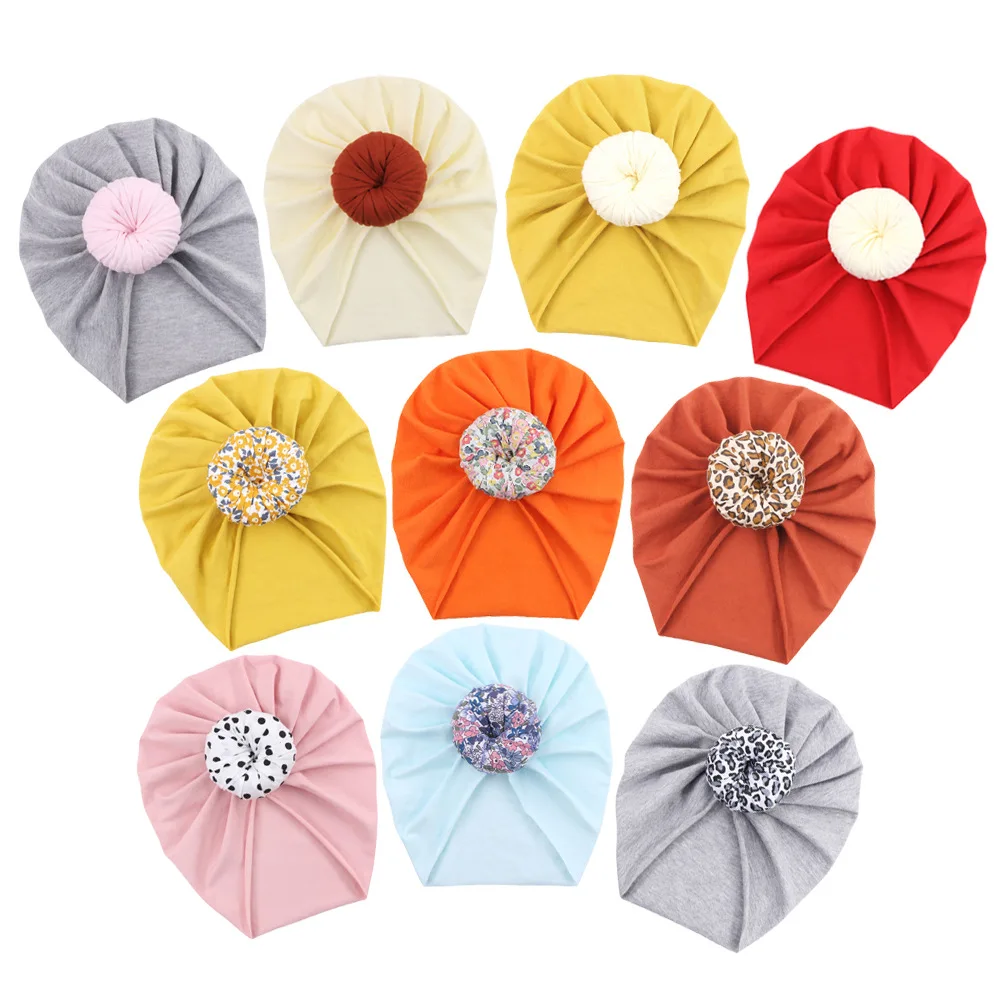 

XCQGH 1Pcs Flower Donuts Newborn Baby Hats Solid Color Elastic Cotton Cap Beanie Headwrap