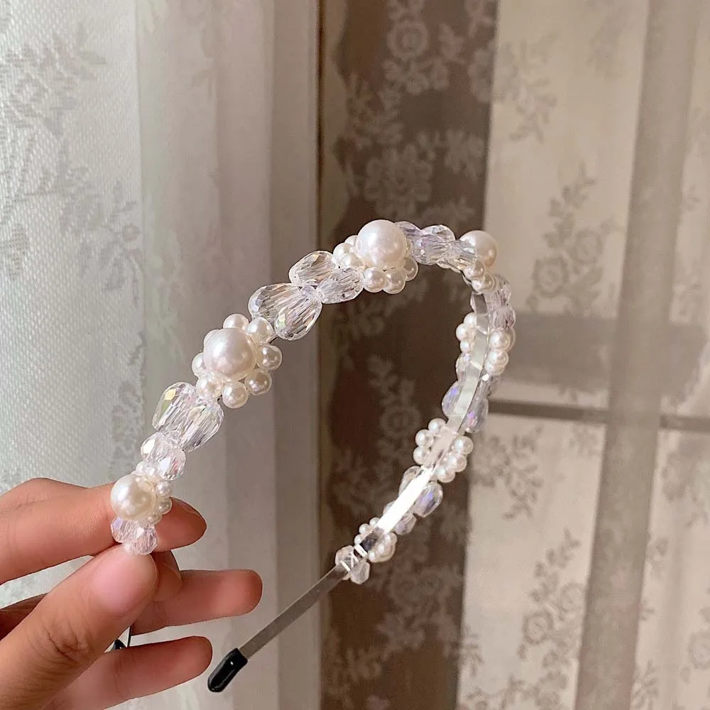 Diadema de perlas de cristal para ni&ntilde;a, accesorios para el cabello con aro de flores, temperamento salvaje coreano-2