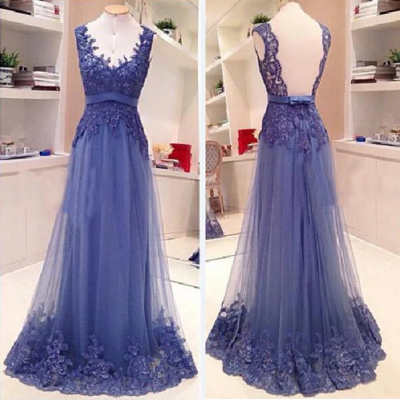 

Sexy Backless A Line Prom Dresses Long V-Neck Lace Illusion Appliques Formal Dress Gala Jurken Gowns Vestidos De Fiesta Rochii