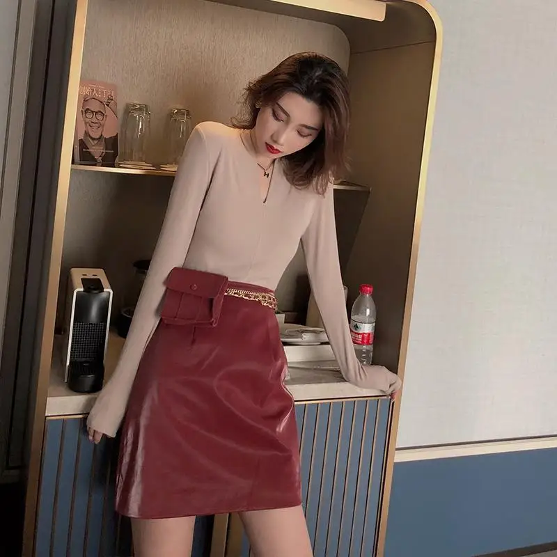 Модные однотонные юбки-карандаш из искусственной кожи на молнии с кольцом 2018