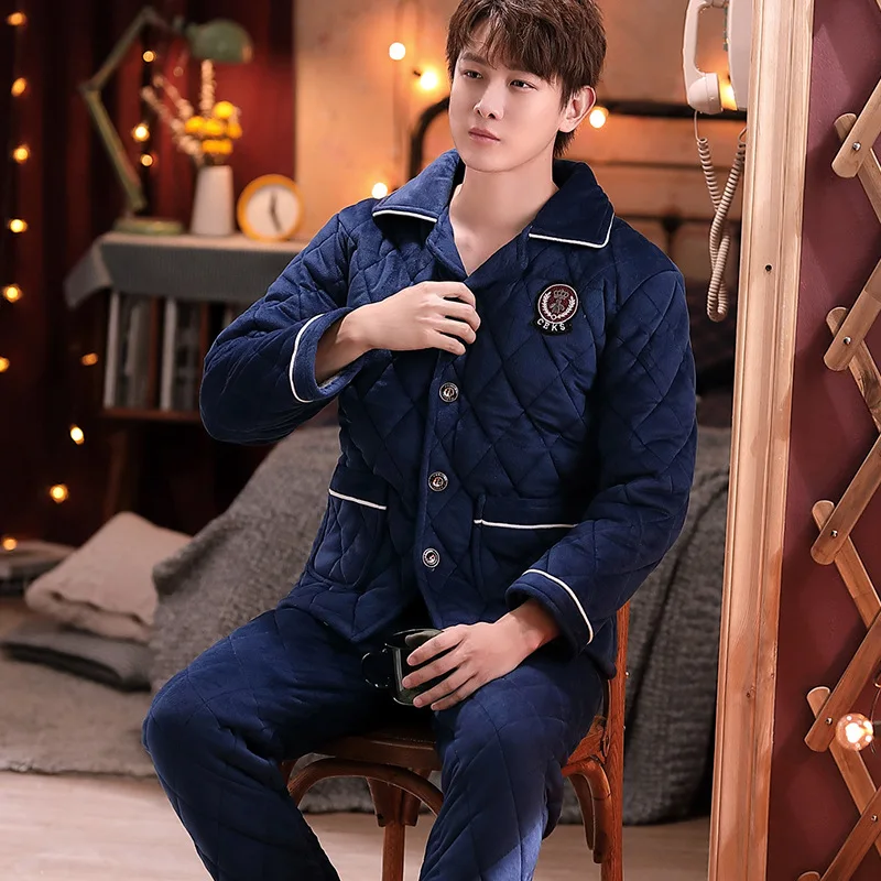 Men Pajamas Flannel Sleepwer Solid Cardigan Lapel Button Nightwear Thick Warm High Quality Homewear Pyjamas Winter Plus Size