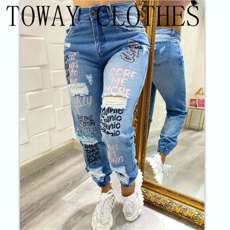 

Letter Print Slant Pocket Ripped Jeans Denim Pants Casual Sexy Pants for Women 2021