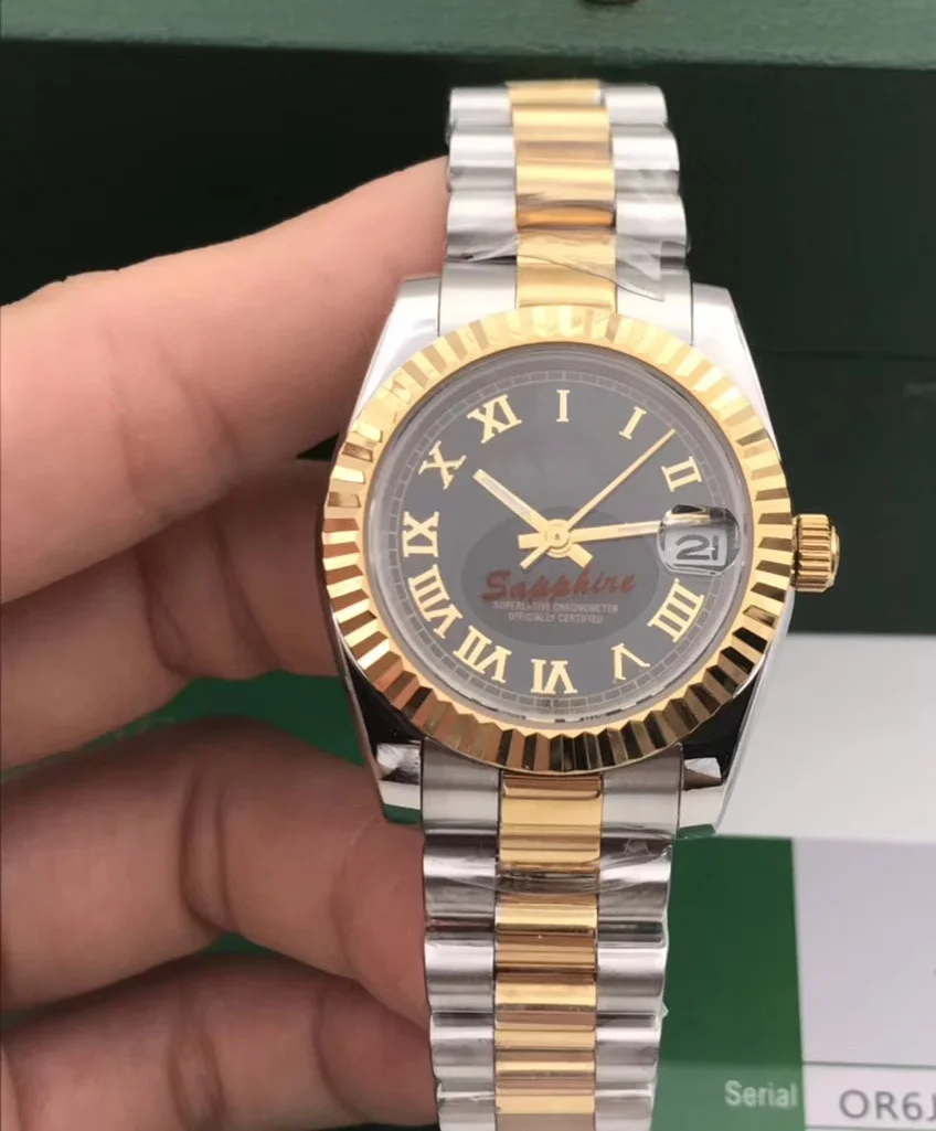 

Новые женские автоматические механические часы из нержавеющей стали, серебристые, желтые, золотистые, черные, светящиеся, сапфировые, 31 мм