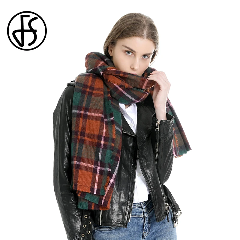 

FS Winter Shawl Poncho For Ladies Female Brown Orange Designer Scarf Women Luxury 2019 Cashmere Plaid Pashmina Scarves